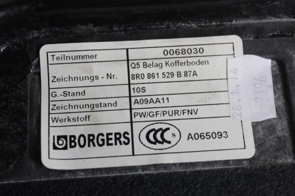 Audi 8R Q5 SQ5 Boot Floor Lower Trim Carper Panel 8R0861529B 87A